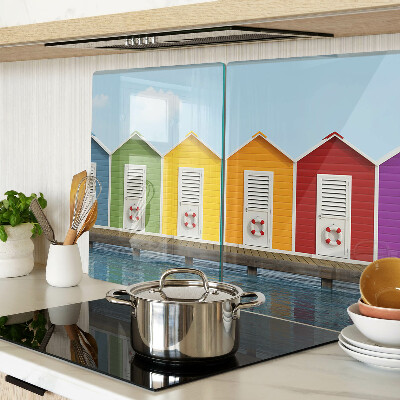 Tagliere in vetro temperato con stampa di casette colorate sul mare