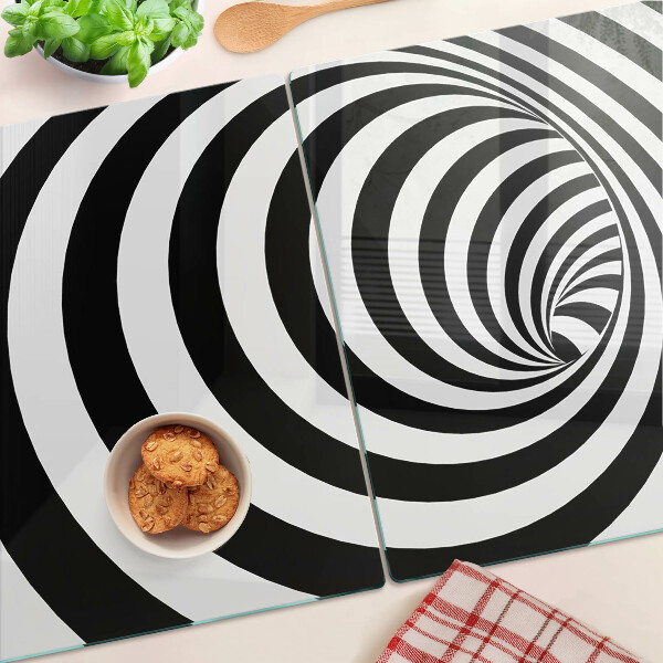 Tagliere in vetro temperato con motivo a spirale in bianco e nero