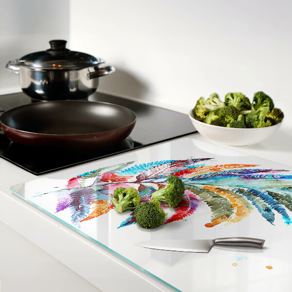 Tagliere in vetro temperato con motivo di foglie di felce nei colori dell'arcobaleno