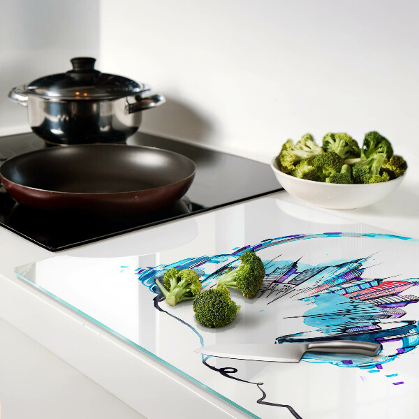 Tagliere in vetro temperato Cuffie con paesaggio urbano