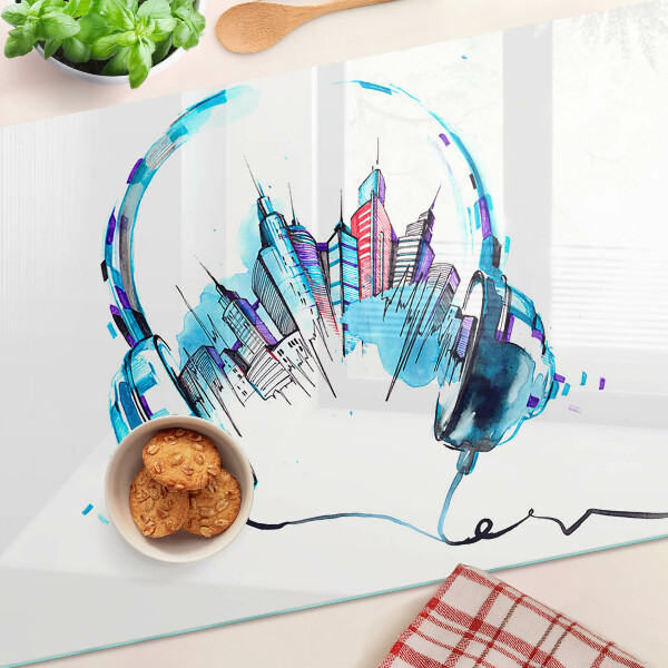 Tagliere in vetro temperato Cuffie con paesaggio urbano