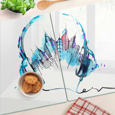Tagliere in vetro temperato Cuffie con paesaggio urbano