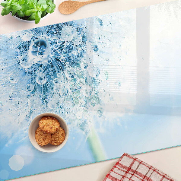 Tagliere in vetro temperato con motivo a fiore di dente di leone e gocce d'acqua