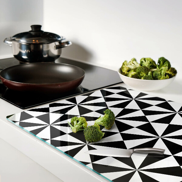 Tagliere in vetro temperato con motivo a triangoli geometrici in bianco e nero