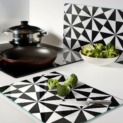 Tagliere in vetro temperato con motivo a triangoli geometrici in bianco e nero