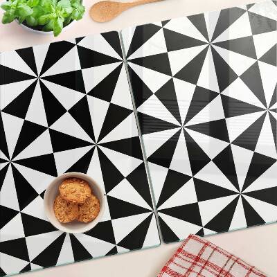 Tagliere in vetro temperato con motivo a triangoli geometrici in bianco e nero