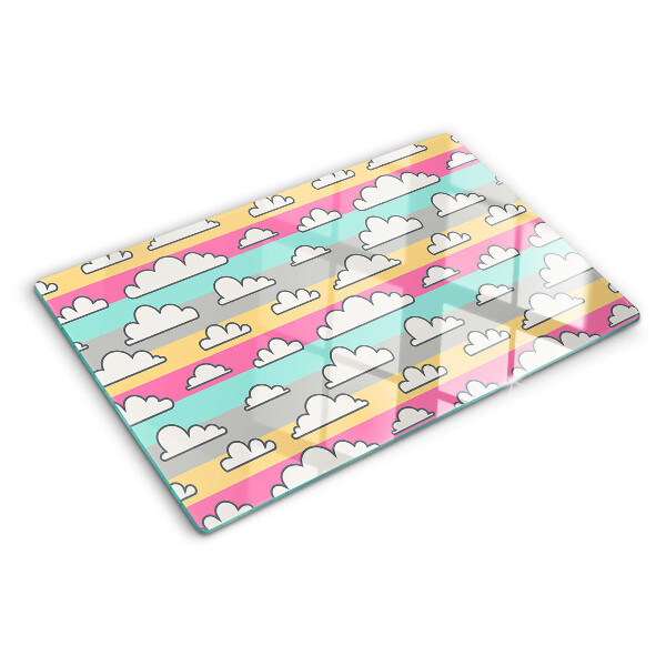 Tagliere in vetro temperato con motivo di nuvole su sfondo pastello