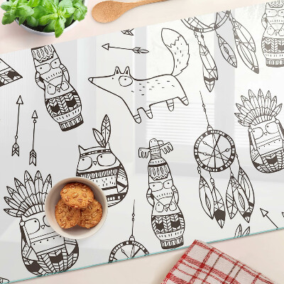 Tagliere in vetro con motivo etnico con figure di animali