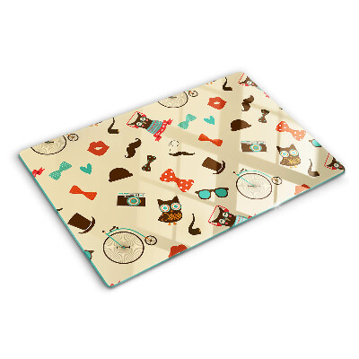 Tagliere in vetro con motivo gattini e accessori in stile retrò