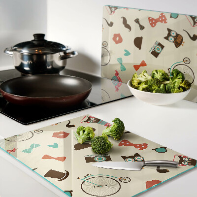 Tagliere in vetro con motivo gattini e accessori in stile retrò