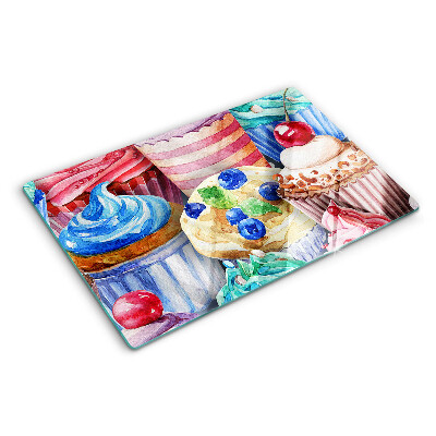 Tagliere in vetro temperato con stampa di cupcake e dolci colorati