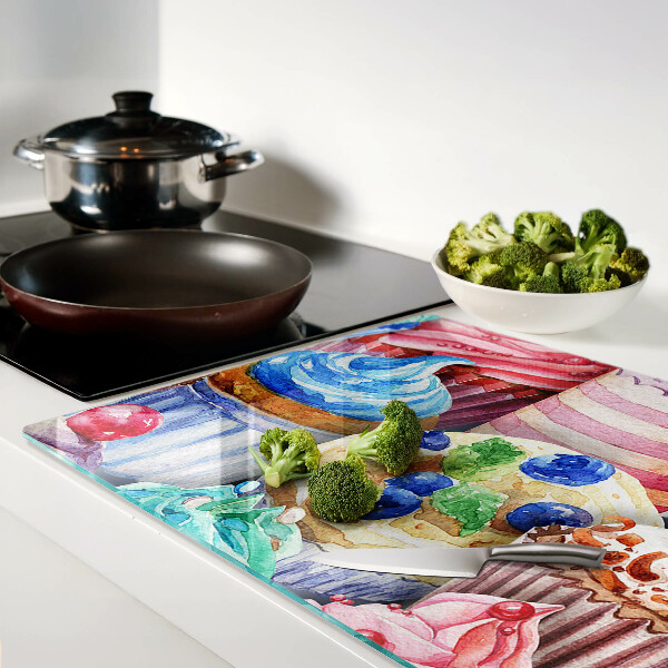 Tagliere in vetro temperato con stampa di cupcake e dolci colorati