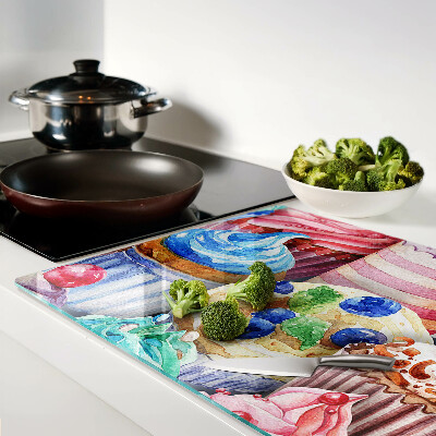 Tagliere in vetro temperato con stampa di cupcake e dolci colorati