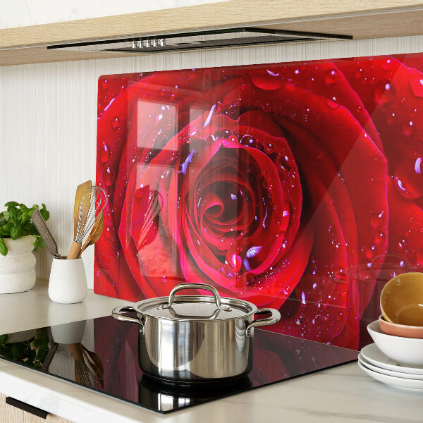 Tagliere in vetro temperato con motivo di rosa rossa e gocce d'acqua