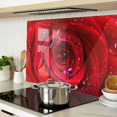 Tagliere in vetro temperato con motivo di rosa rossa e gocce d'acqua