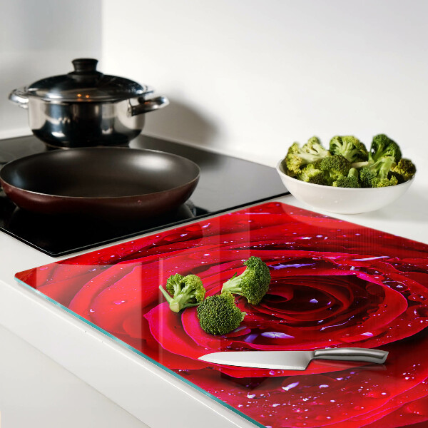 Tagliere in vetro temperato con motivo di rosa rossa e gocce d'acqua