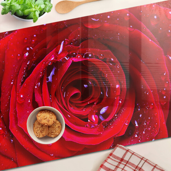 Tagliere in vetro temperato con motivo di rosa rossa e gocce d'acqua