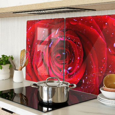 Tagliere in vetro temperato con motivo di rosa rossa e gocce d'acqua