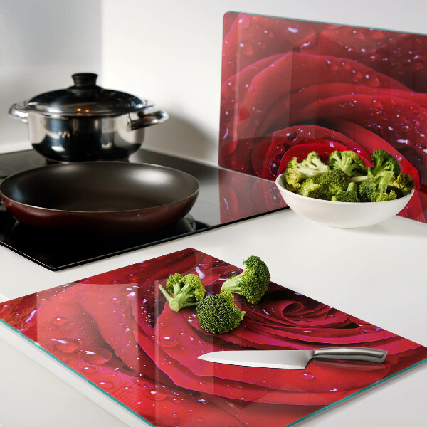 Tagliere in vetro temperato con motivo di rosa rossa e gocce d'acqua