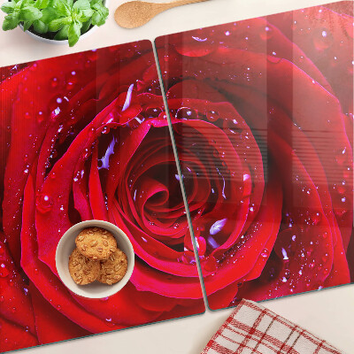 Tagliere in vetro temperato con motivo di rosa rossa e gocce d'acqua