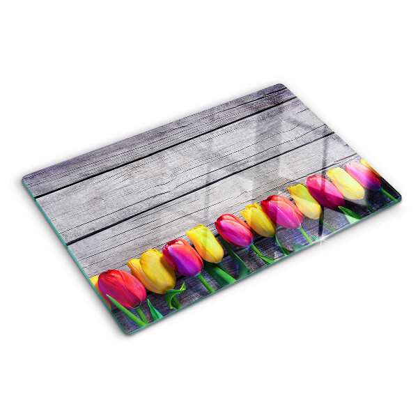 Tagliere in vetro temperato con stampa di tulipani su sfondo di legno