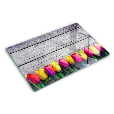 Tagliere in vetro temperato con stampa di tulipani su sfondo di legno