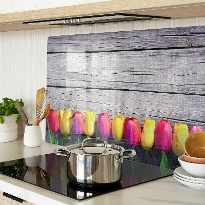 Tagliere in vetro temperato con stampa di tulipani su sfondo di legno