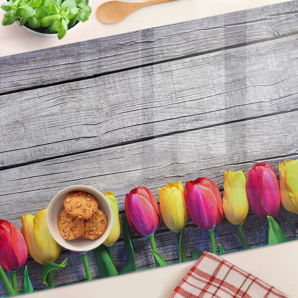 Tagliere in vetro temperato con stampa di tulipani su sfondo di legno