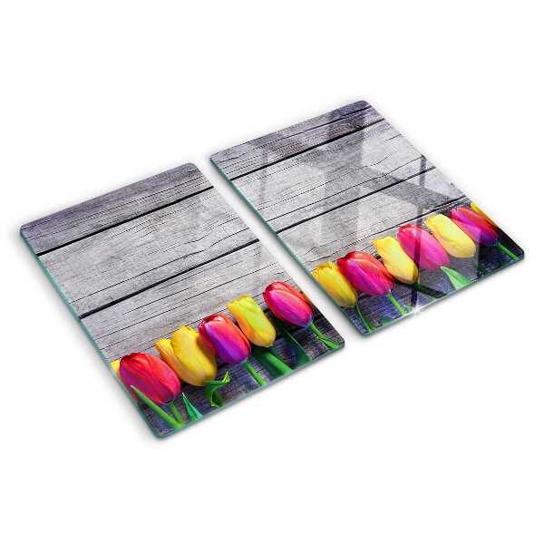 Tagliere in vetro temperato con stampa di tulipani su sfondo di legno