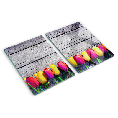 Tagliere in vetro temperato con stampa di tulipani su sfondo di legno