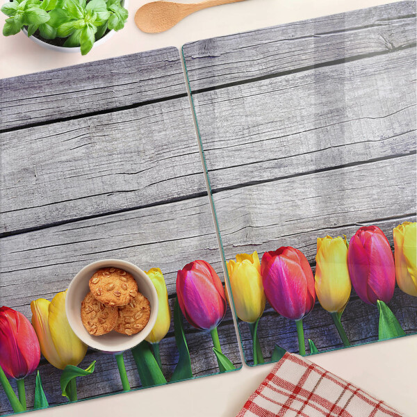 Tagliere in vetro temperato con stampa di tulipani su sfondo di legno