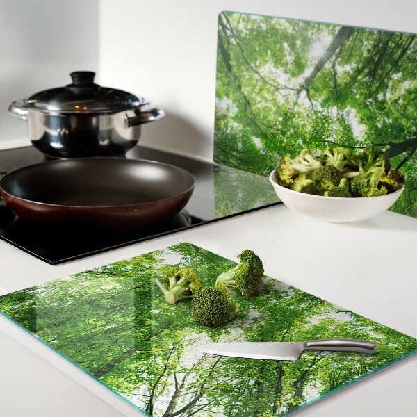 Tagliere in vetro con motivo foresta e fogliame verde