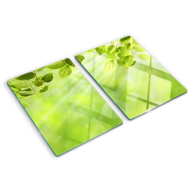 Tagliere in vetro con motivo di foglie verdi su sfondo chiaro