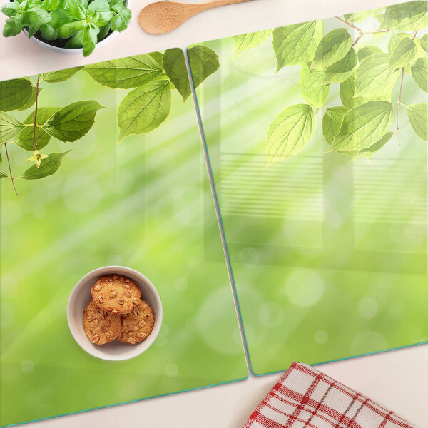 Tagliere in vetro con motivo di foglie verdi su sfondo chiaro