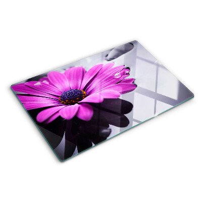 Tagliere in vetro temperato con motivo di fiore viola e gocce d'acqua