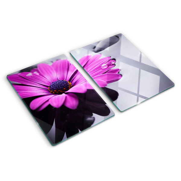 Tagliere in vetro temperato con motivo di fiore viola e gocce d'acqua