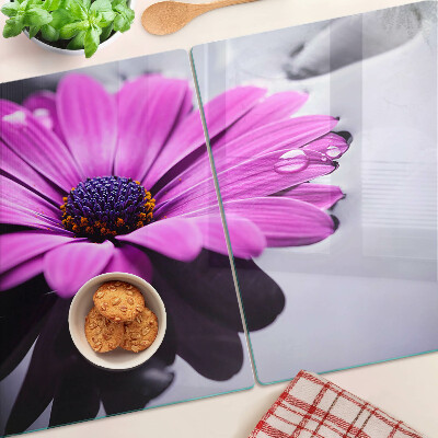 Tagliere in vetro temperato con motivo di fiore viola e gocce d'acqua