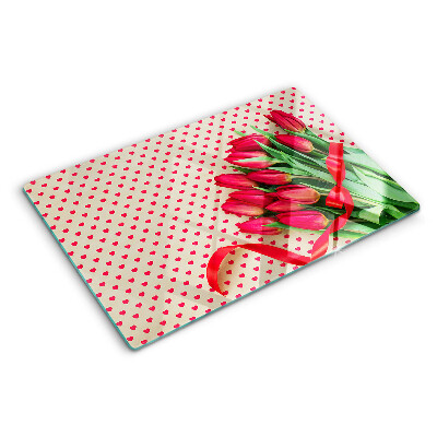 Tagliere in vetro con decorazione di tulipani, cuoricini e nastro