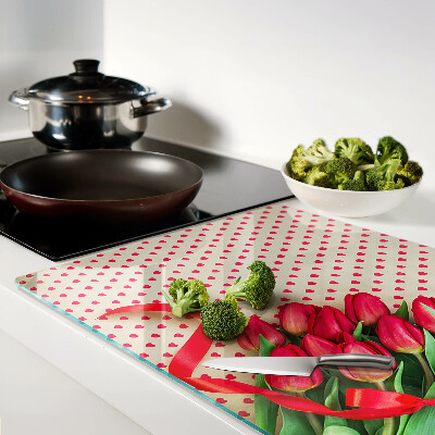 Tagliere in vetro con decorazione di tulipani, cuoricini e nastro