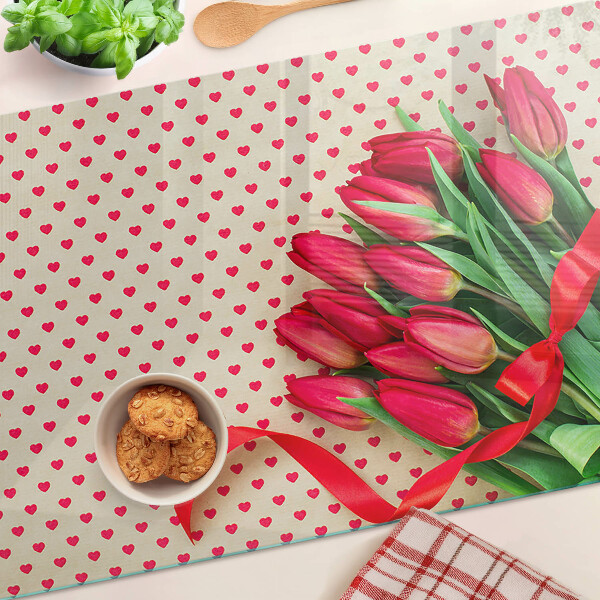Tagliere in vetro con decorazione di tulipani, cuoricini e nastro