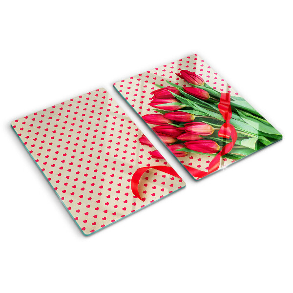 Tagliere in vetro con decorazione di tulipani, cuoricini e nastro
