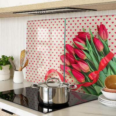 Tagliere in vetro con decorazione di tulipani, cuoricini e nastro