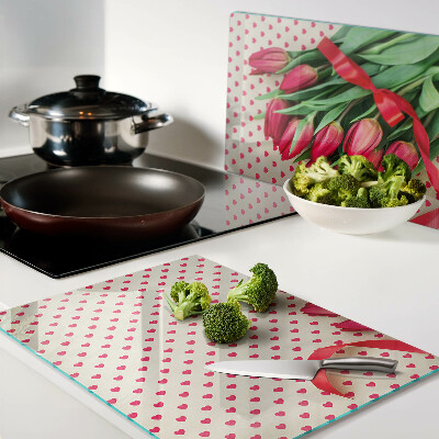 Tagliere in vetro con decorazione di tulipani, cuoricini e nastro