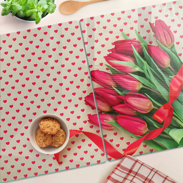 Tagliere in vetro Tulipani con cuoricini e nastro