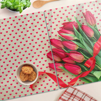 Tagliere in vetro con decorazione di tulipani, cuoricini e nastro