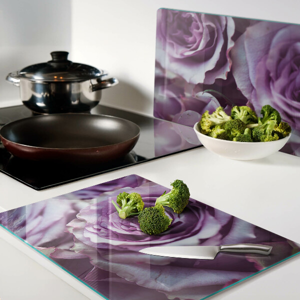 Tagliere in vetro temperato con motivo di rose nei toni del viola