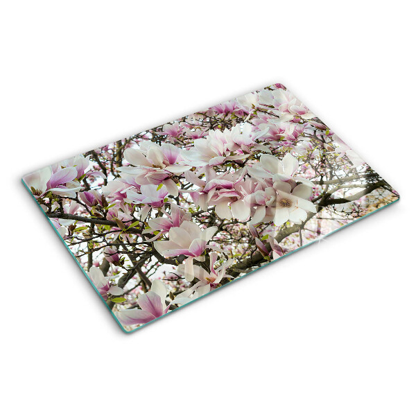 Tagliere in vetro temperato con stampa a motivo fiori di magnolia