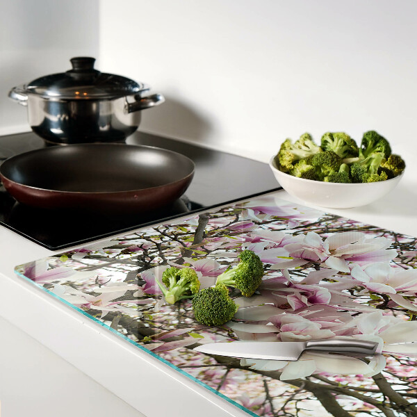 Tagliere in vetro temperato con stampa a motivo fiori di magnolia