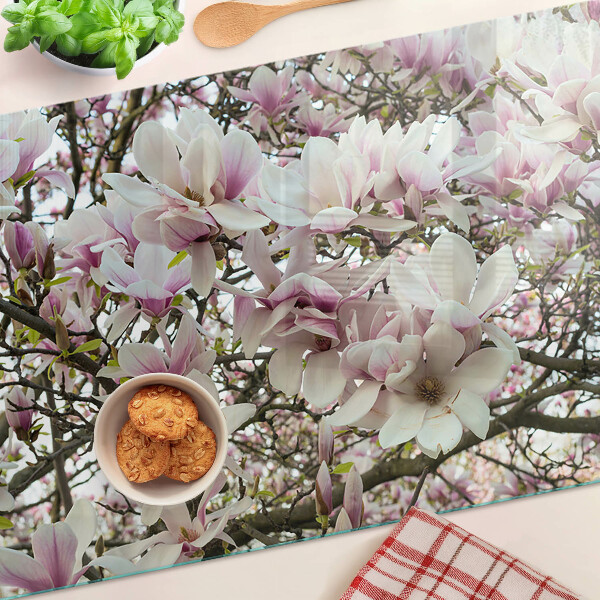 Tagliere in vetro temperato con stampa a motivo fiori di magnolia