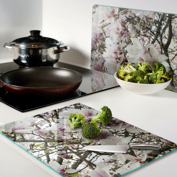 Tagliere in vetro temperato con stampa a motivo fiori di magnolia